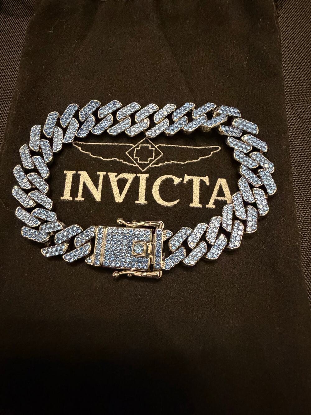 NWOT Authentic Invicta Elements Blue Iced Out Cuban Chain Bracelet 7.75” .5”w